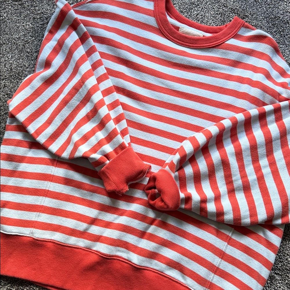Women’s Coral and White Striped Crewneck Sweater